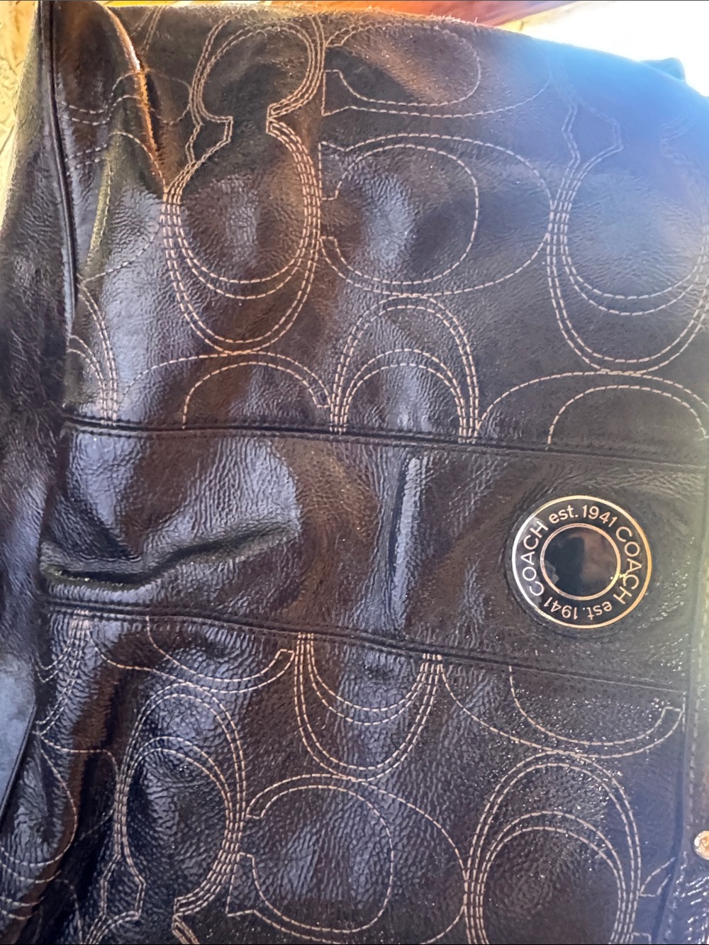 Coach Black Patent Signature Tote with Round Logo Accent